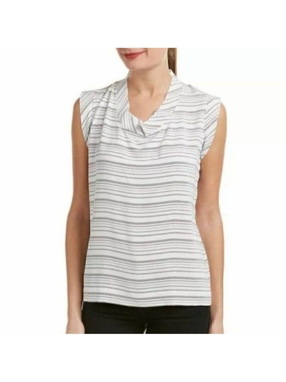 Like NEW CAbi 236 Madeleine SPRING Blouse Shell Top w/ Cap Sleeves White Gray M